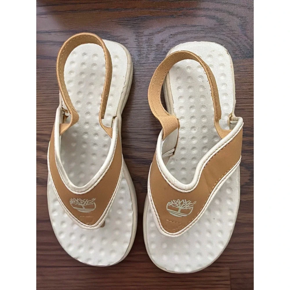 Timberland Kids Thong Sandals Wheat Cream Elastic Back Strap Logo Size 12